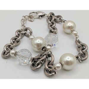 Brighton Silver Tone Faux Pearl Crystal Bracelet  Double Chain